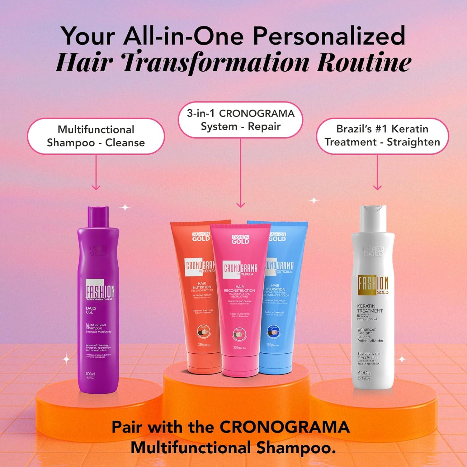 Kit Cronograma Capilar Fashion Gold - Tratamiento Queratina 3s