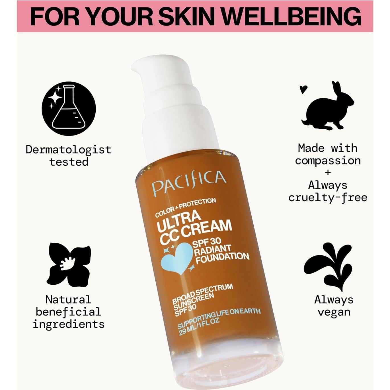 Crema CC Ultra Radiant Foundation Pacifica - Bronceado Cálido, SPF 17, 28.35 g