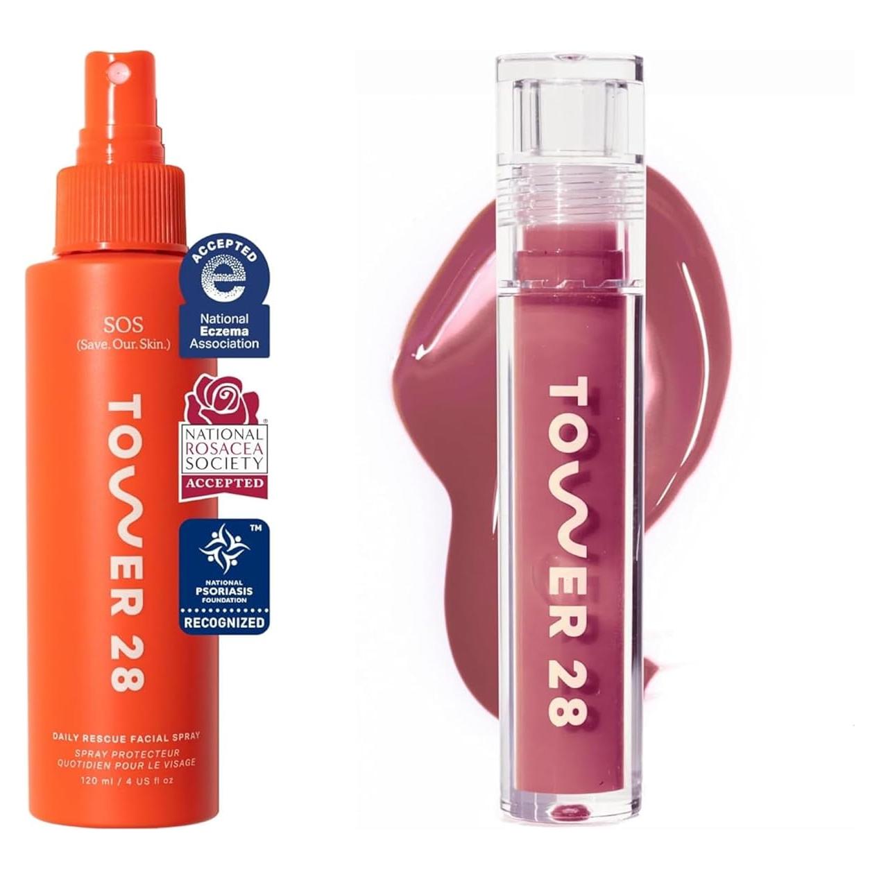 Brillo de Labios Lechoso Tower 28 + Spray Facial SOS 118.3 mL