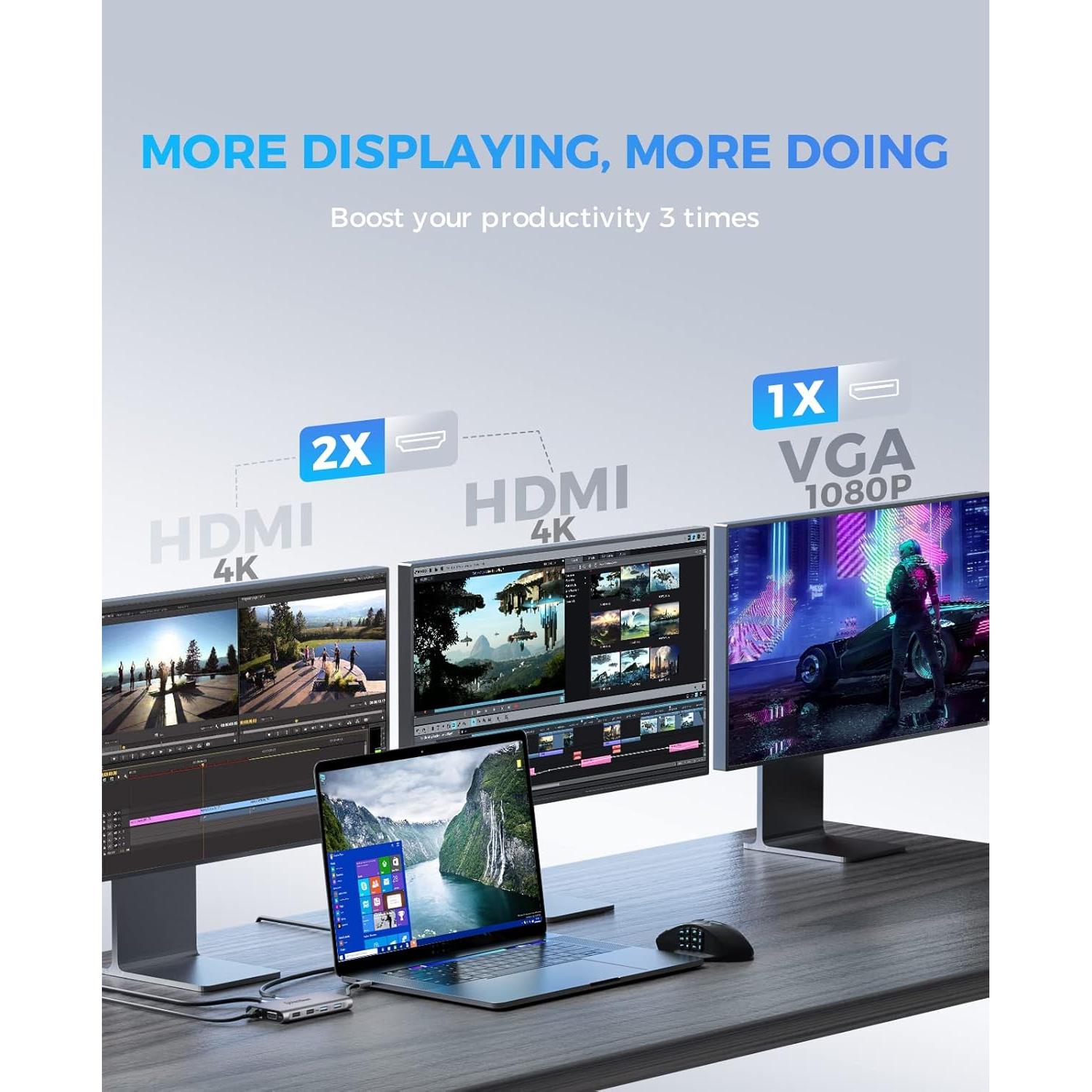 Dock USB C UtechSmart 11 en 1 Triple Pantalla 4K HDMI