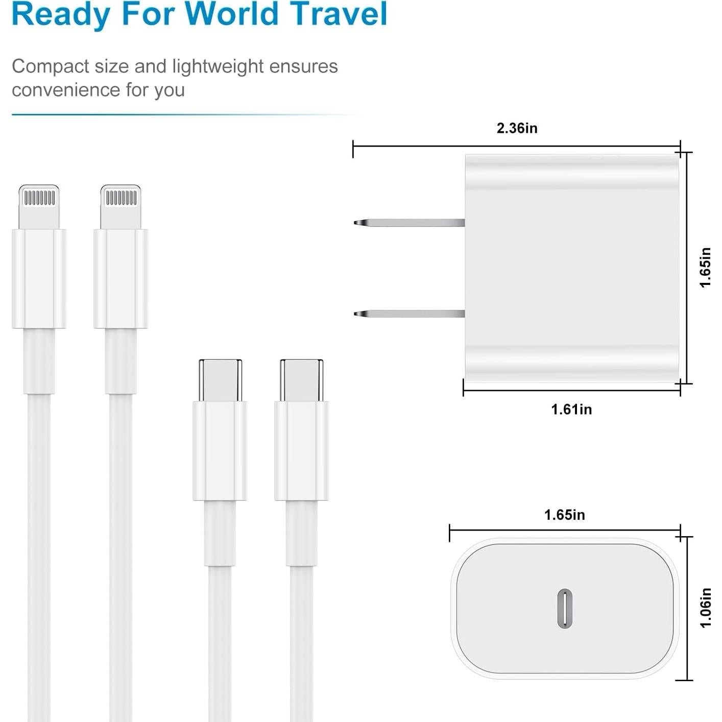 Cargador Rápido 20W Jeenek con 2 Cables USB C a Lightning 6ft