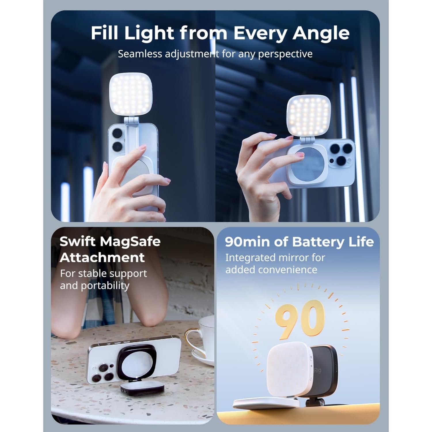 Luz Selfie Magnética PequeñoRig Vibe P48 Negro con Espejo