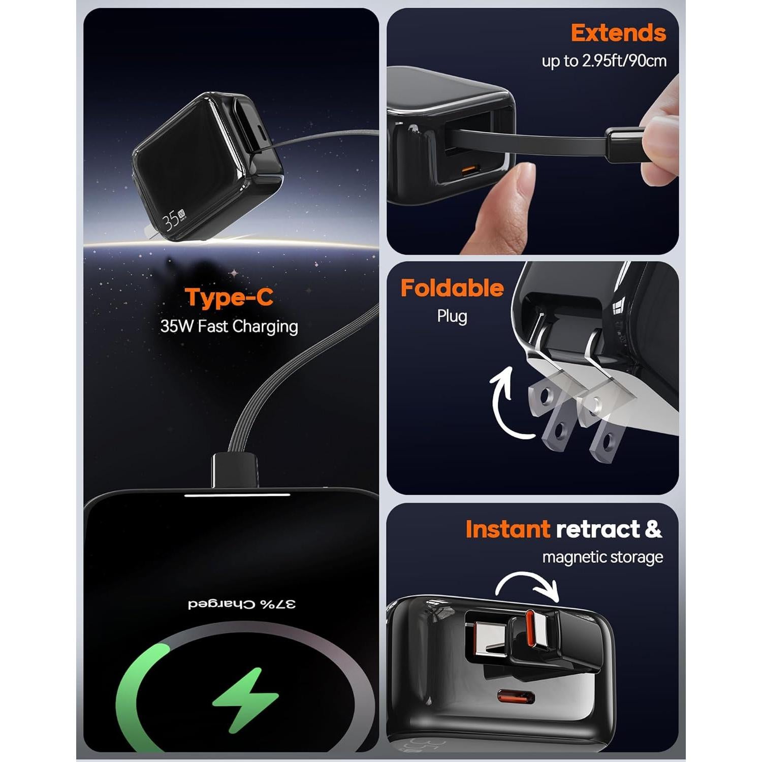 Retractable Wall Charger, 35W Fast USB C Charger Block with Extendable Type C Charing Cable for iPhone 16 15 Galaxy S25 24, Portable Retractable Charging Plug for Home Kitchen Office Travel