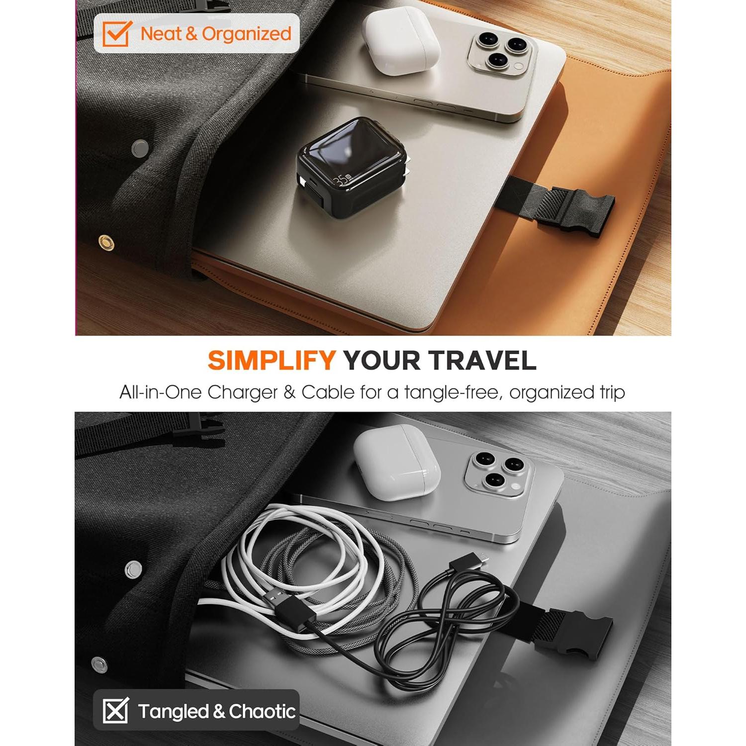 Retractable Wall Charger, 35W Fast USB C Charger Block with Extendable Type C Charing Cable for iPhone 16 15 Galaxy S25 24, Portable Retractable Charging Plug for Home Kitchen Office Travel