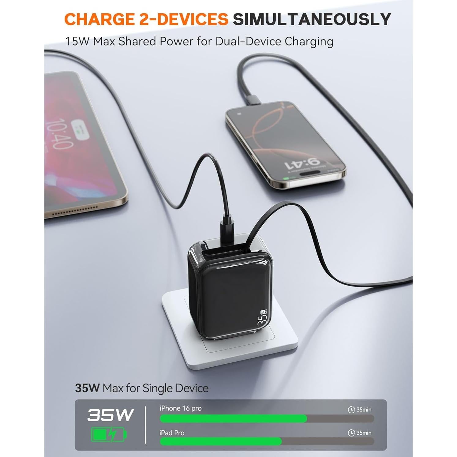 Retractable Wall Charger, 35W Fast USB C Charger Block with Extendable Type C Charing Cable for iPhone 16 15 Galaxy S25 24, Portable Retractable Charging Plug for Home Kitchen Office Travel