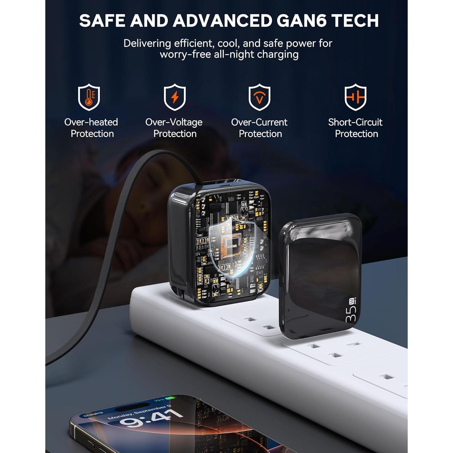 Retractable Wall Charger, 35W Fast USB C Charger Block with Extendable Type C Charing Cable for iPhone 16 15 Galaxy S25 24, Portable Retractable Charging Plug for Home Kitchen Office Travel