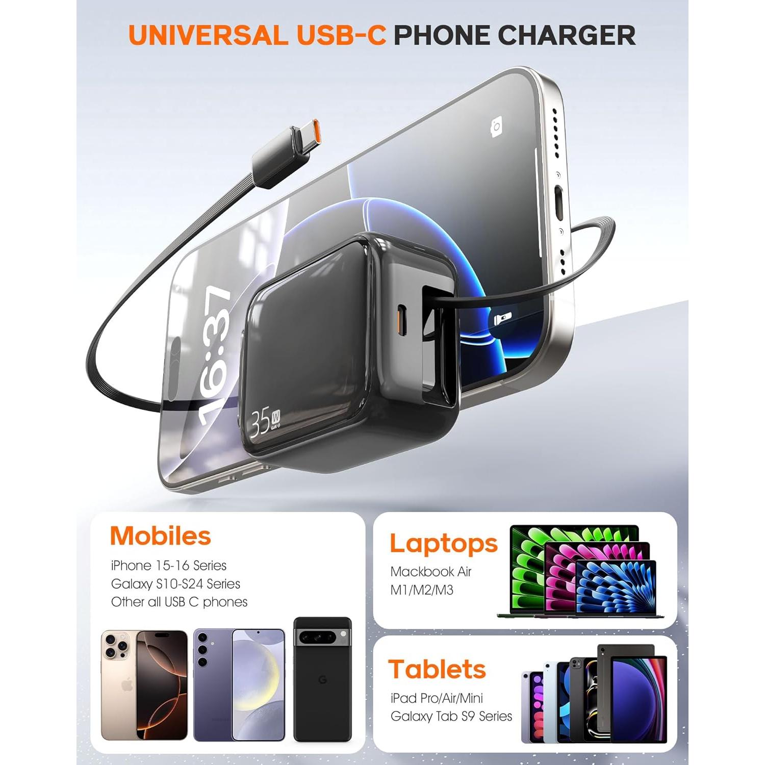 Retractable Wall Charger, 35W Fast USB C Charger Block with Extendable Type C Charing Cable for iPhone 16 15 Galaxy S25 24, Portable Retractable Charging Plug for Home Kitchen Office Travel