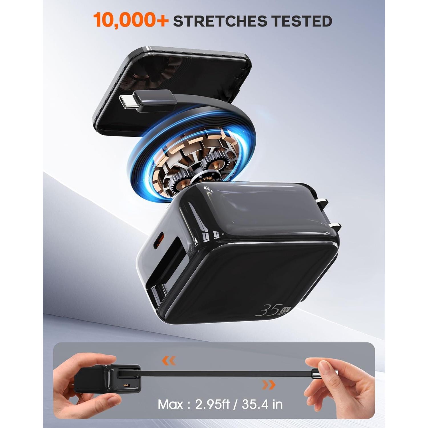 Retractable Wall Charger, 35W Fast USB C Charger Block with Extendable Type C Charing Cable for iPhone 16 15 Galaxy S25 24, Portable Retractable Charging Plug for Home Kitchen Office Travel