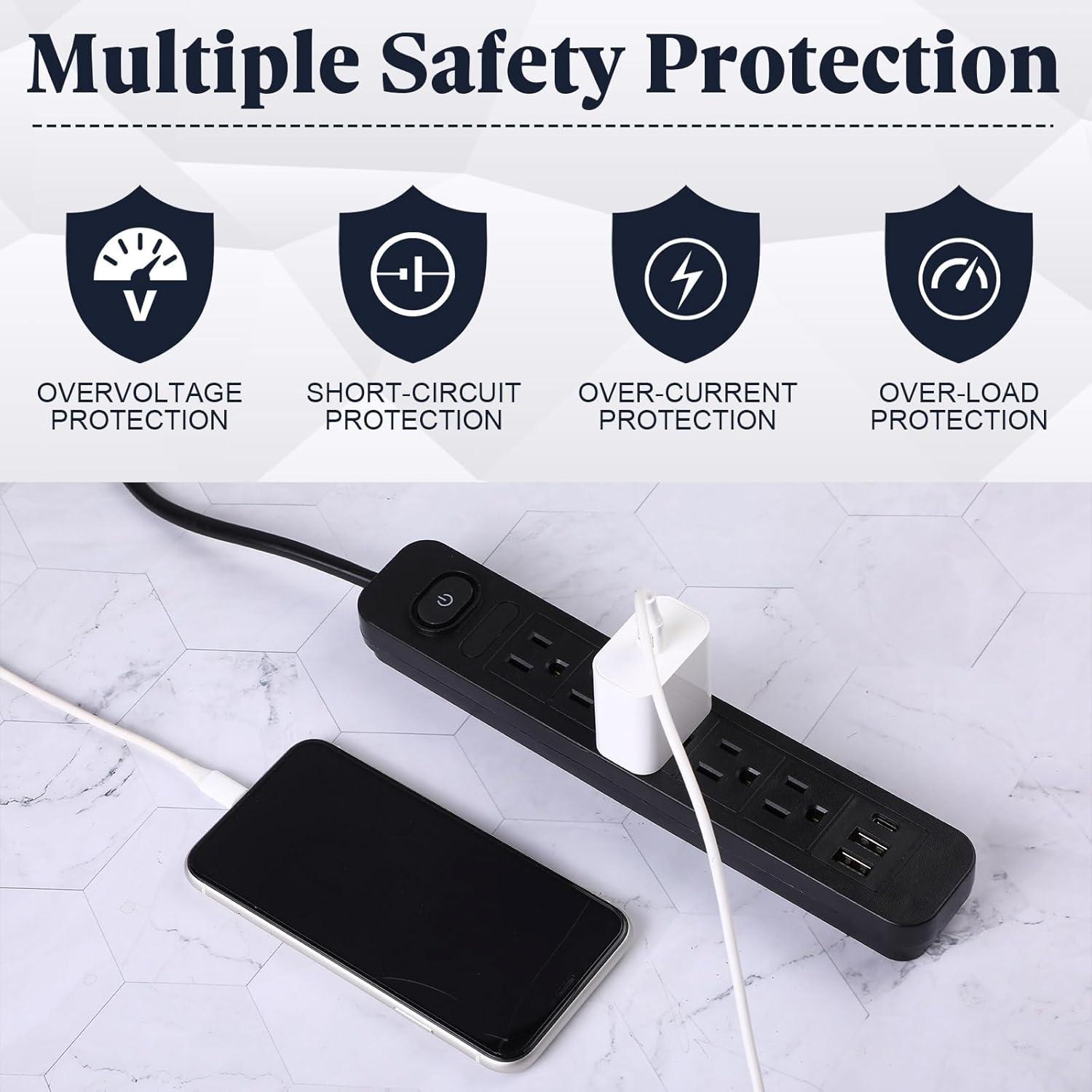 Regleta de Sobretensión Kanayu 6 Piezas 5 Salidas CA 3 USB 1.5m Negro