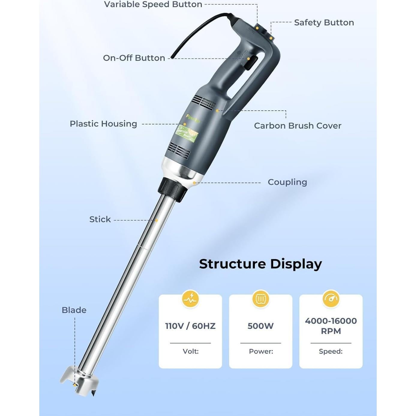 Batidora de Inmersión Flyseago 500W 20" Eje Removible Velocidad Ajustable