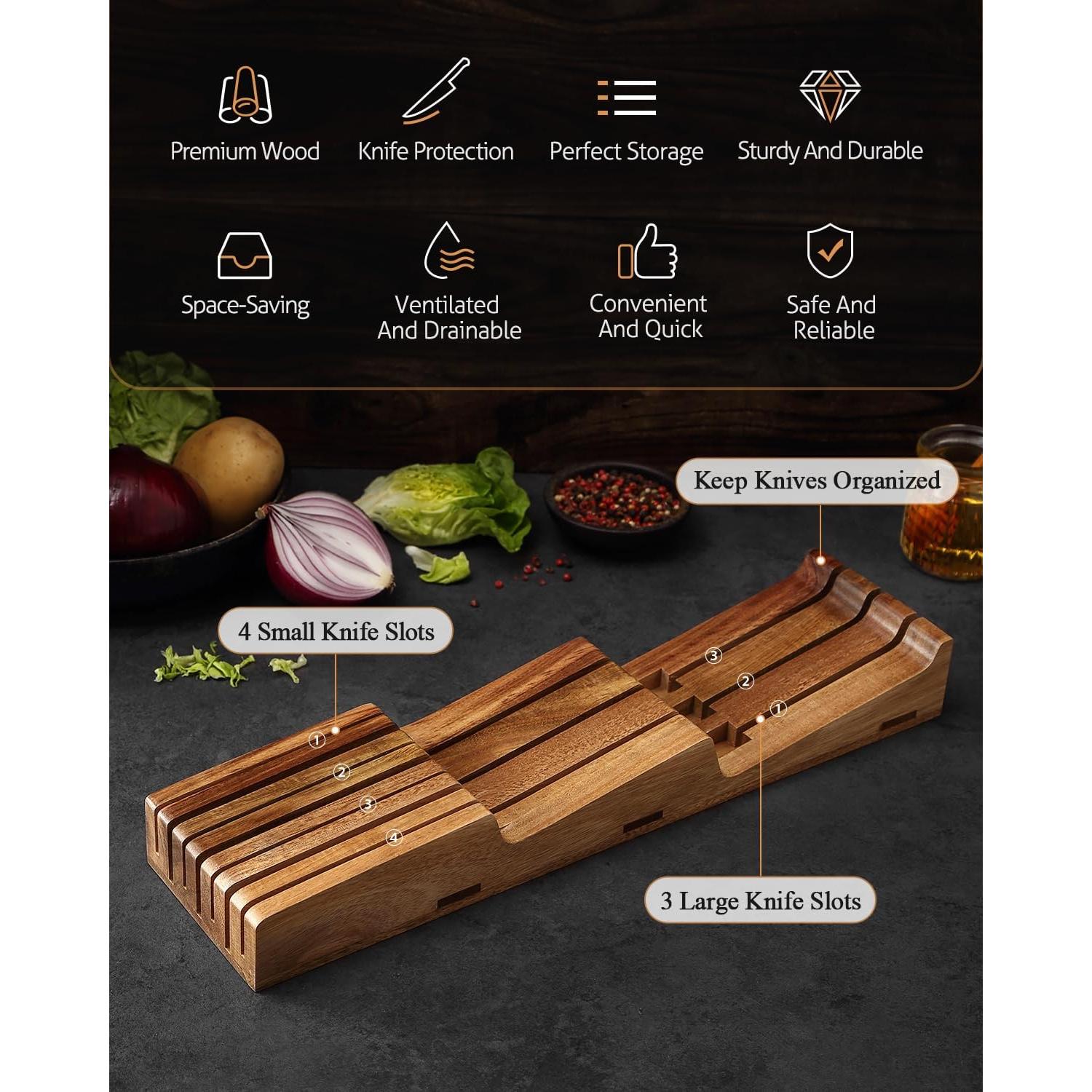 Organizador de Cuchillos XINZUO de Acacia Natural 7 Ranuras