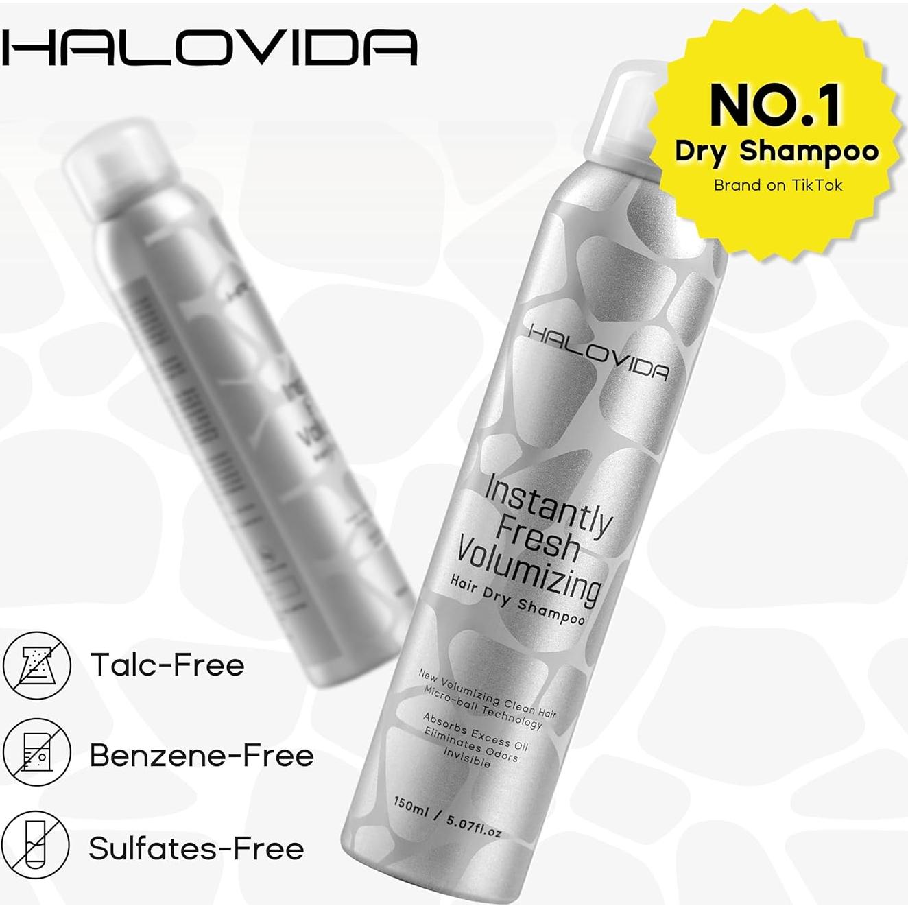 Champú Seco HALOVIDA 150 ml para Mujeres - Sin Residuos Blancos