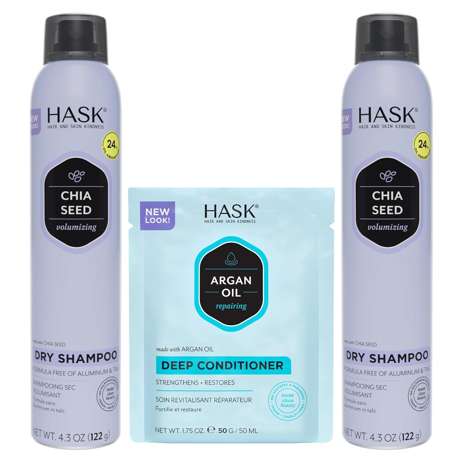 Duo Champú Seco Voluminizador Semilla de Chía HASK 2x121.9g y Acondicionador Argán 49.6g