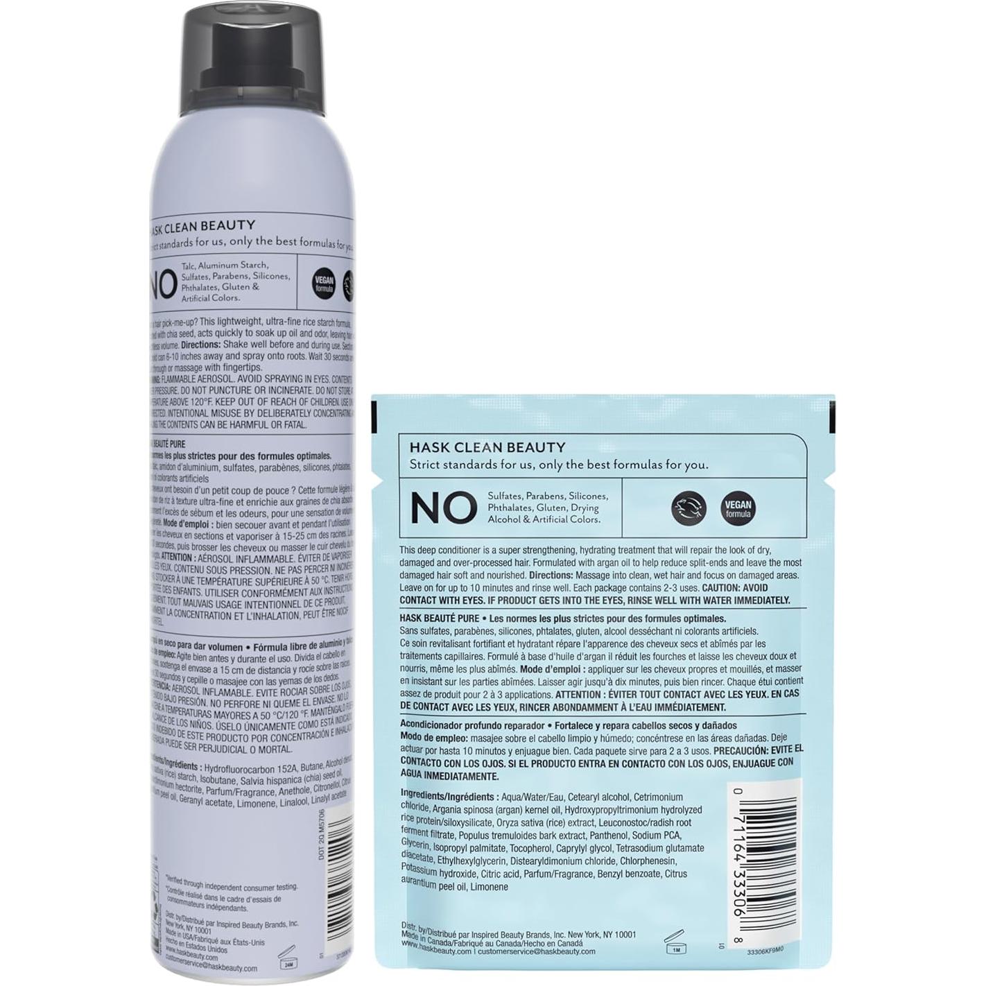 Duo Champú Seco Voluminizador Semilla de Chía HASK 2x121.9g y Acondicionador Argán 49.6g