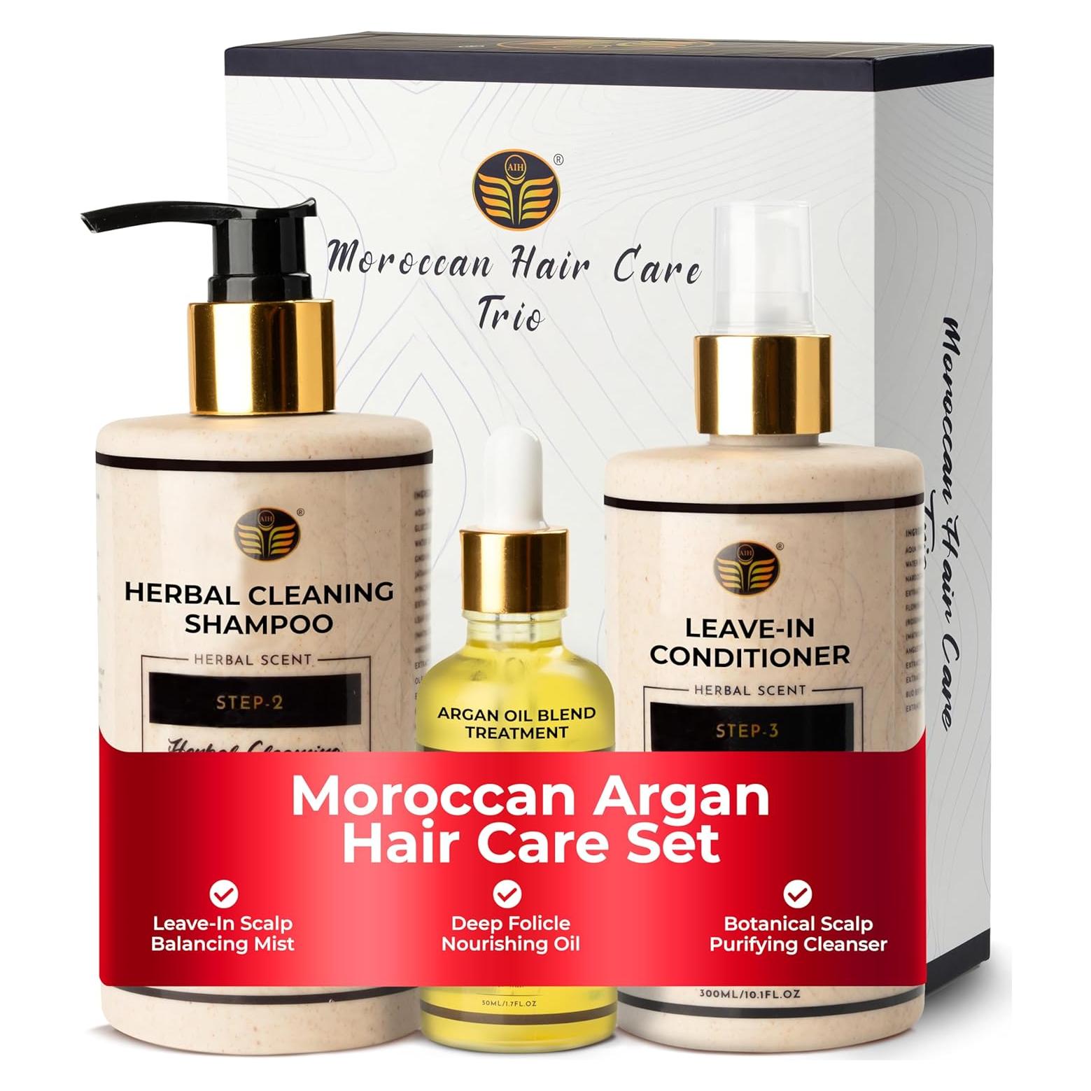 Trío de Cuidado del Cabello Boomlabs - Aceite de Argán, Champú Herbal y Aclarado Sin Enjuague - 3 Pasos para Salud del Cuero Cabelludo