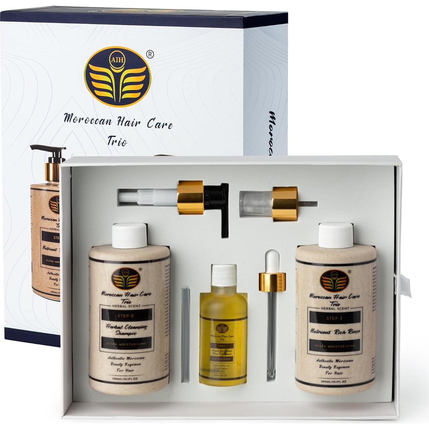 Trío de Cuidado del Cabello Boomlabs - Aceite de Argán, Champú Herbal y Aclarado Sin Enjuague - 3 Pasos para Salud del Cuero Cabelludo