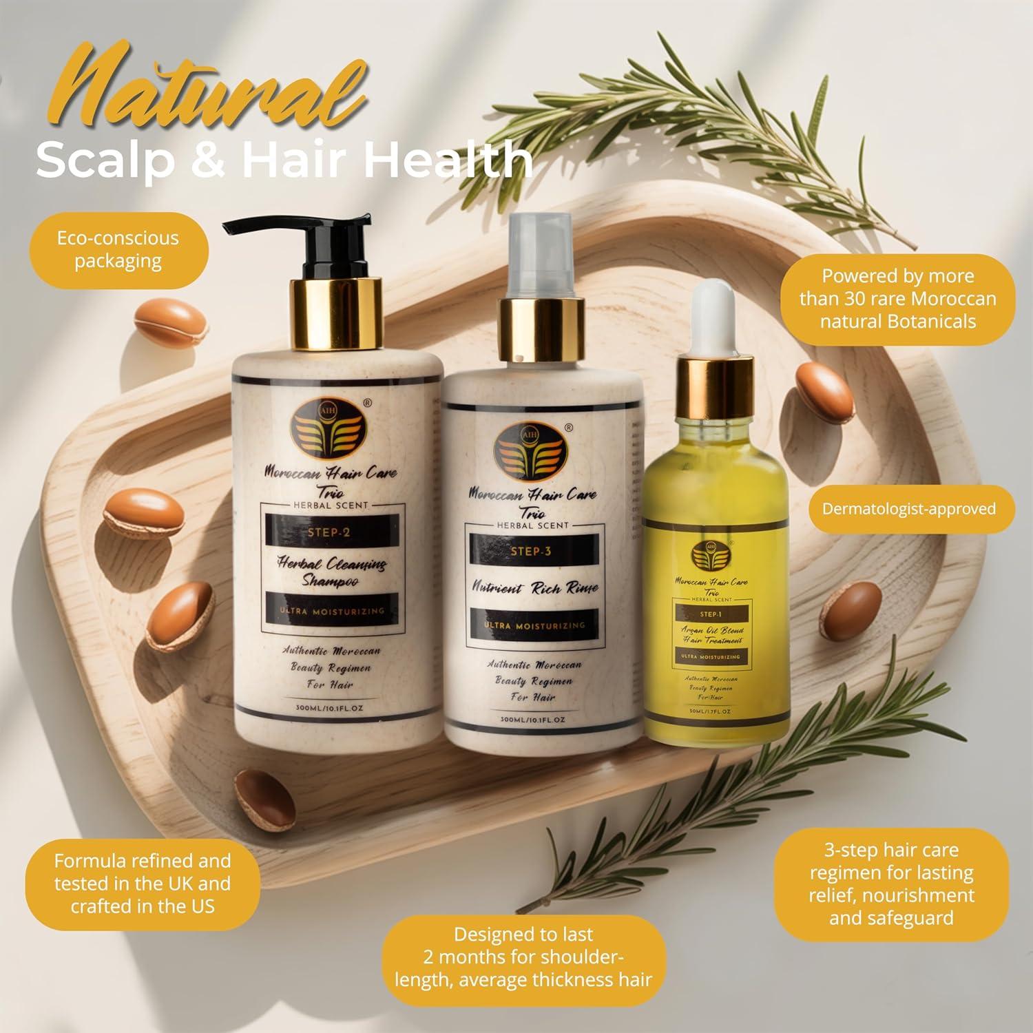 Trío de Cuidado del Cabello Boomlabs - Aceite de Argán, Champú Herbal y Aclarado Sin Enjuague - 3 Pasos para Salud del Cuero Cabelludo