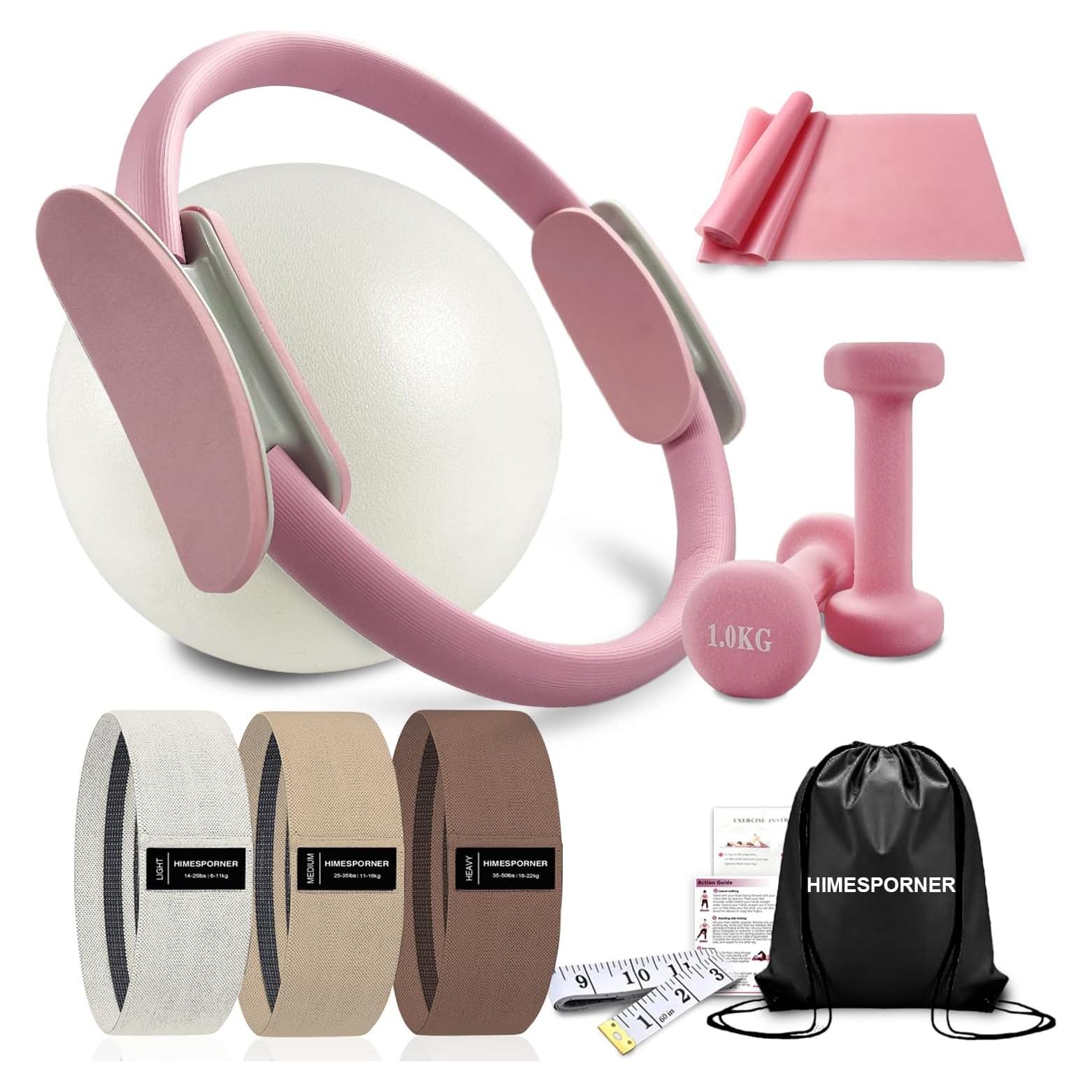 Kit de Pilates Completo 9 Piezas HIMESPORNER - Anillo, Pelota, Mancuernas, Bandas
