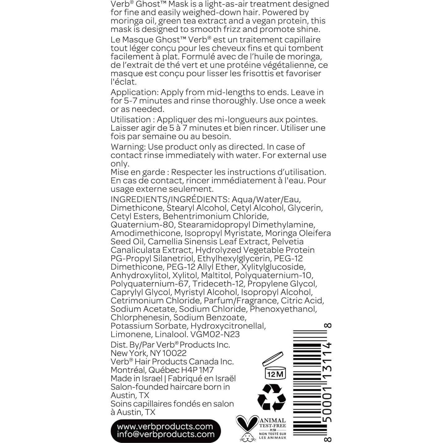 Máscara Capilar Vegana Verb Fantasma 185 ml - Hidratación Profunda