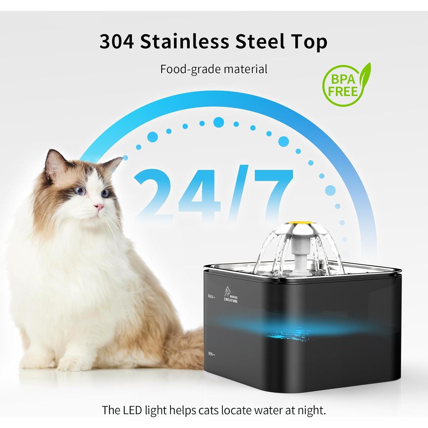 Fuente de Agua para Gatos Wonder Creature 3L Acero Inoxidable LED