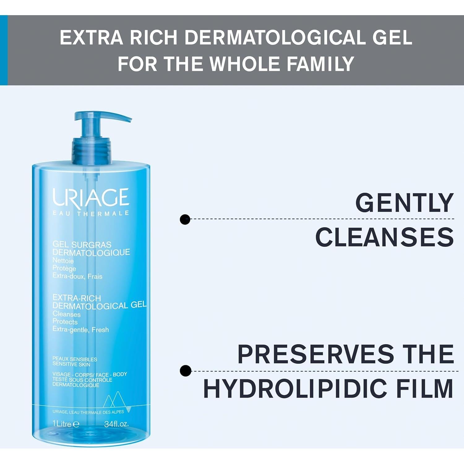 URIAGE Extra-Rich Dermatological Gel | Foaming Body Wash for Sensitive Skin, Preserves the Hydrolipidic Film of the Skin, Face & Body, Paraben & Soap-Free