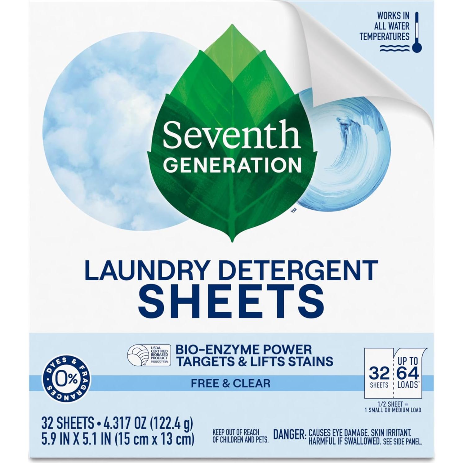 Hojas de Detergente para Ropa Seventh Generation 32 Unidades Libre y Claro