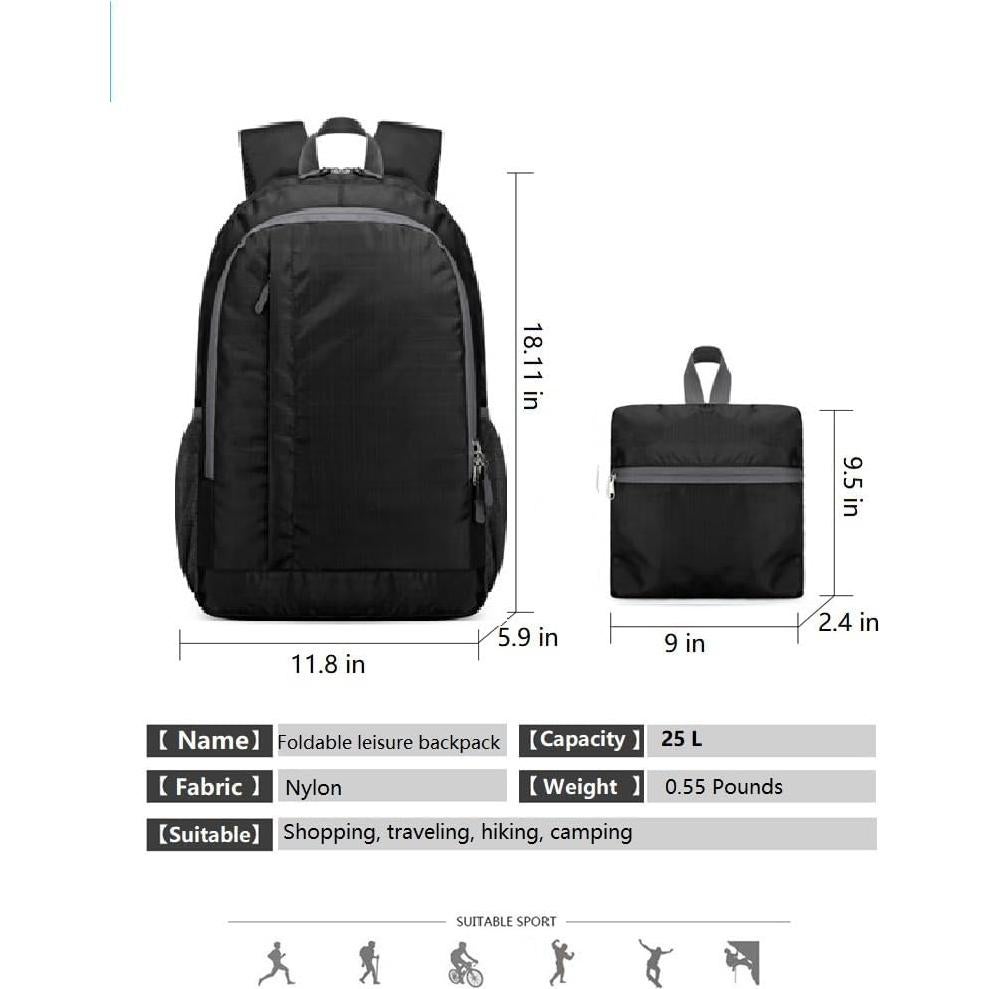 Mochila de Senderismo Plegable 25L Nylon Resistente al Agua Negra