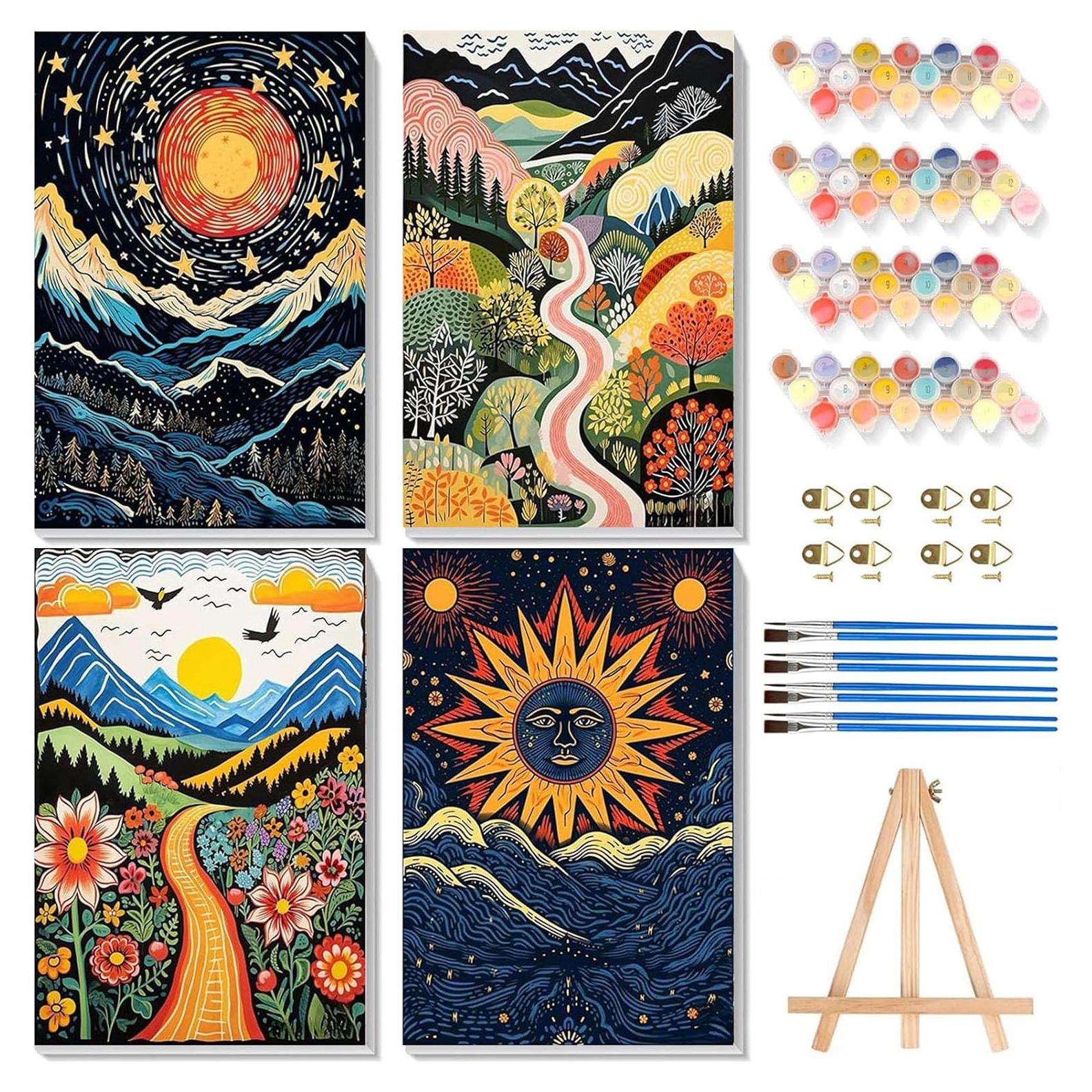 Paquete de 4 Pintura por Números XACKCME con Lienzo 20x30 cm