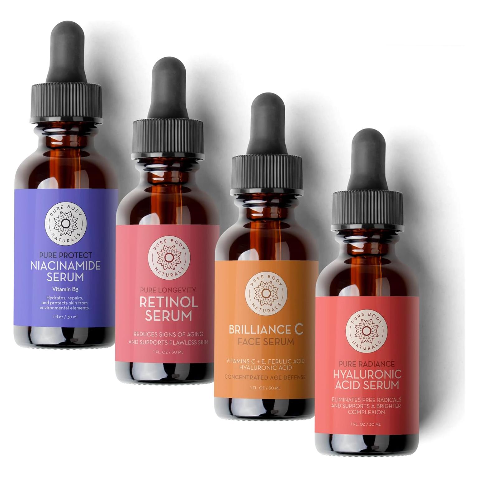 Set de Sueros Faciales Pure Body Naturals - Ácido Hialurónico, Retinol, Vitamina C y B3