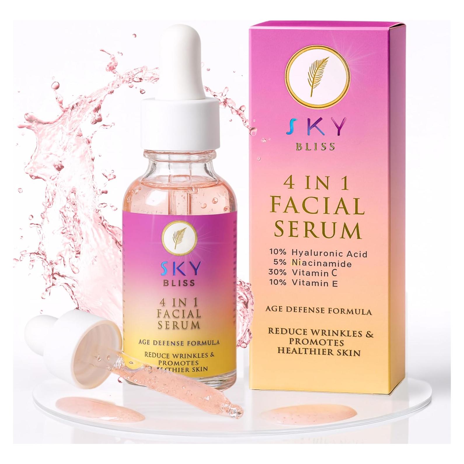 Suero Facial Sky Bliss 4 en 1 | Ácido Hialurónico, Vitamina C, E y Niacinamida | Antienvejecimiento