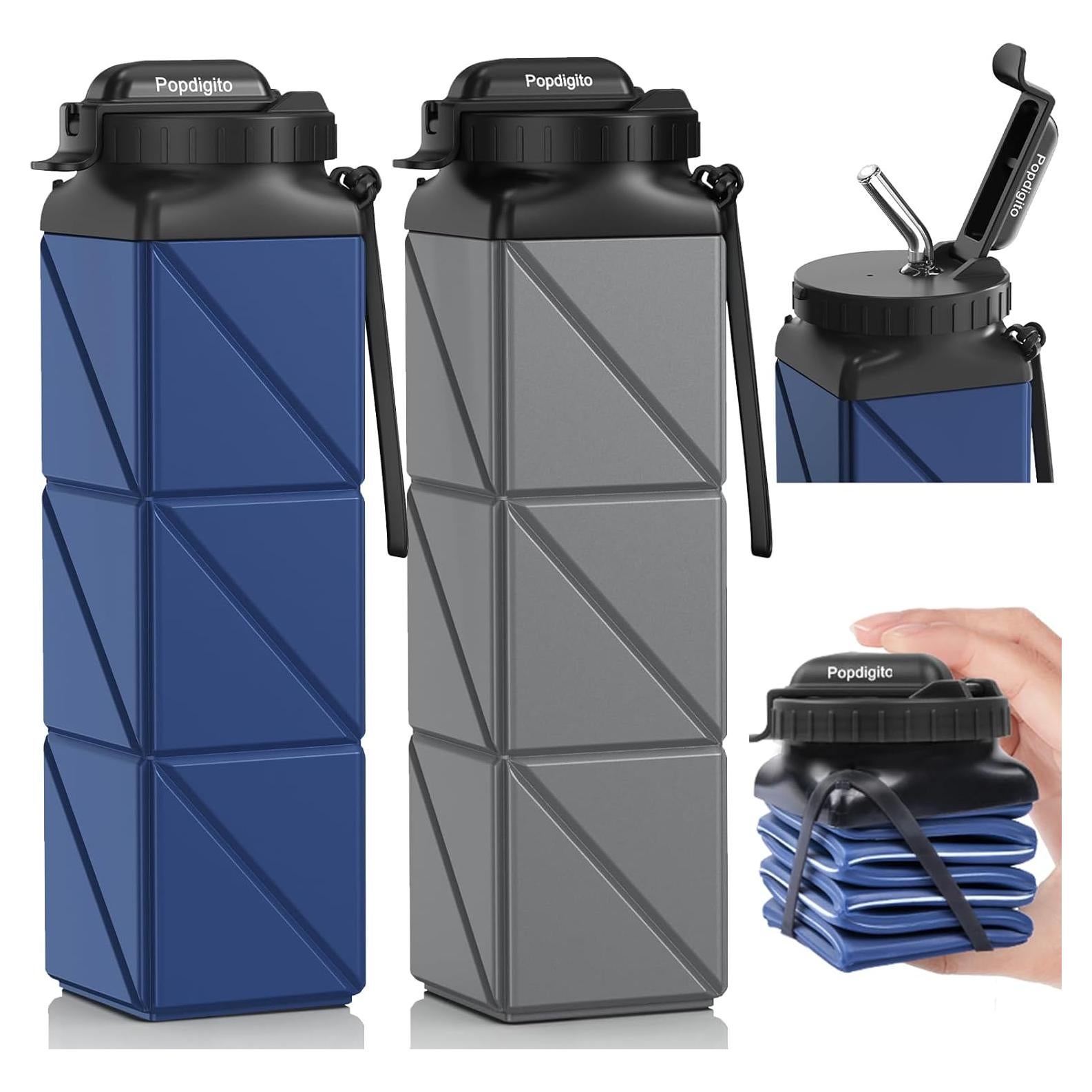2 Botellas de Agua Plegables Popdigito 610ml a Prueba de Fugas