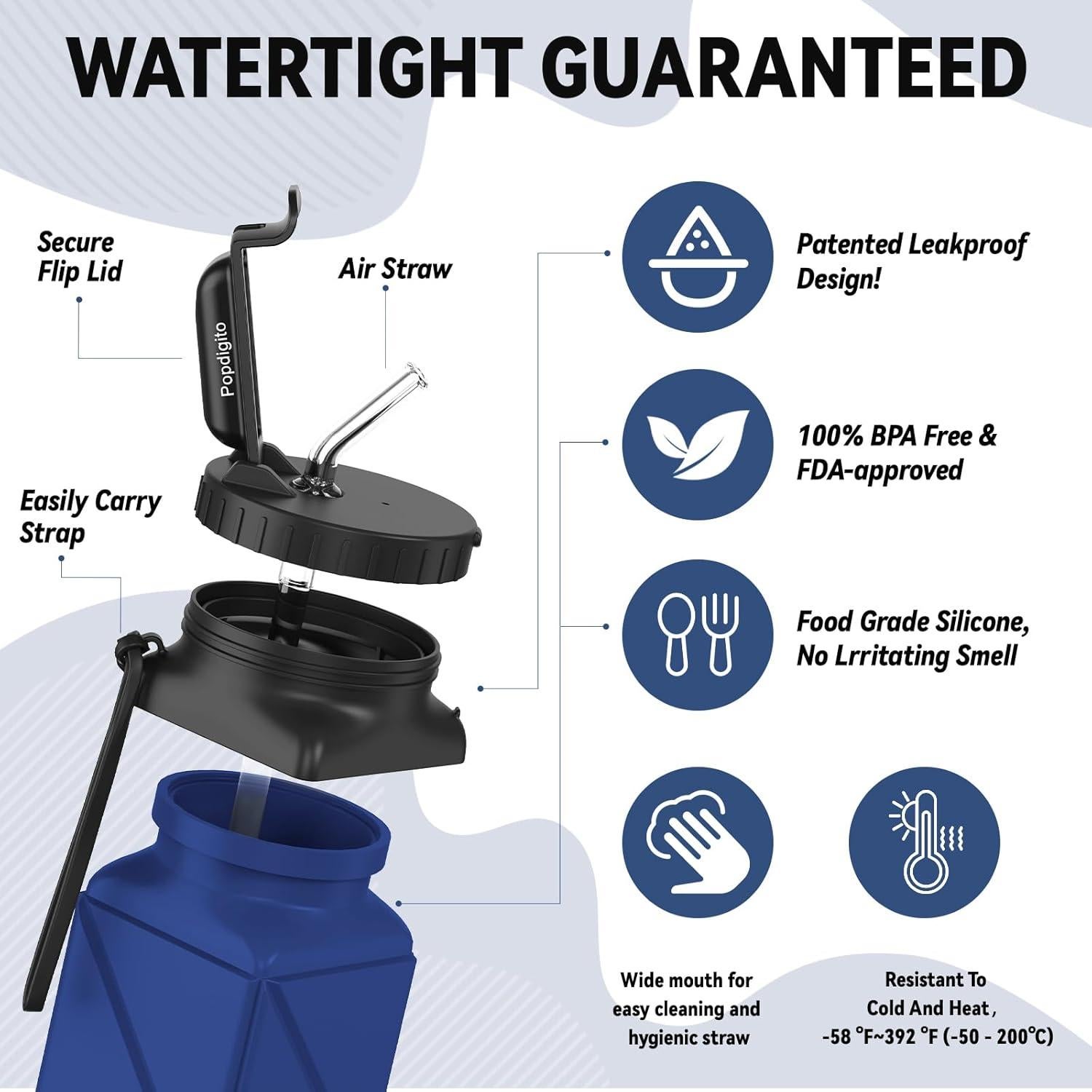 2 Botellas de Agua Plegables Popdigito 610ml a Prueba de Fugas