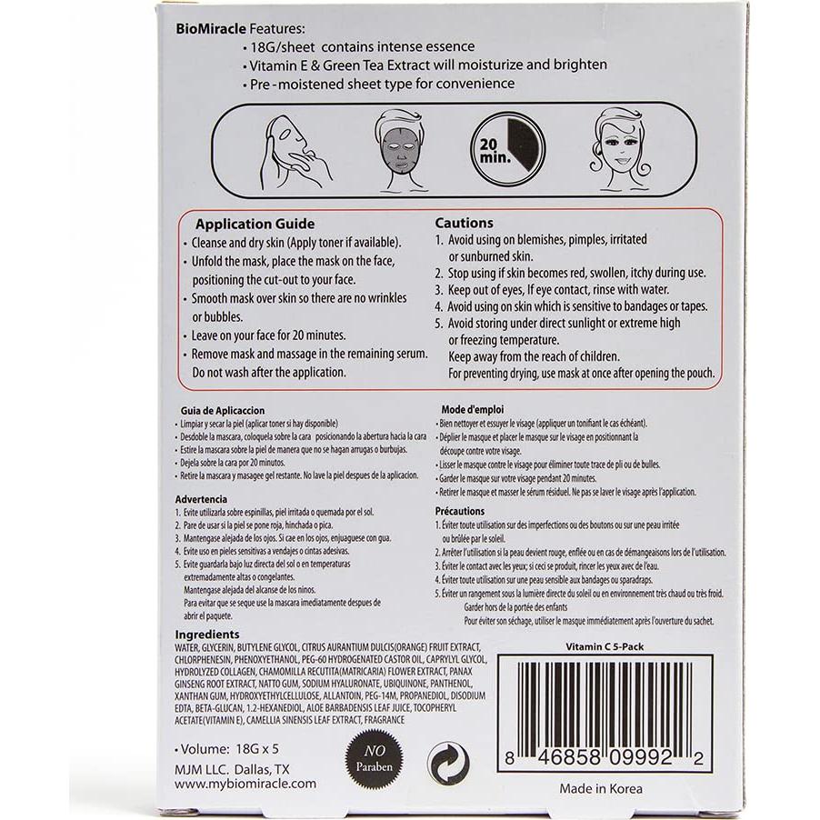 Máscara de Colágeno con Vitamina C BioMiracle - Hidratante y Reafirmante (5 Paquetes)