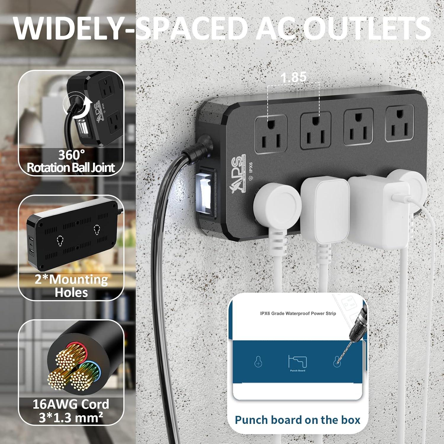 Regleta Impermeable Qiyuan 8 Salidas 3 USB 1.83m 1875W