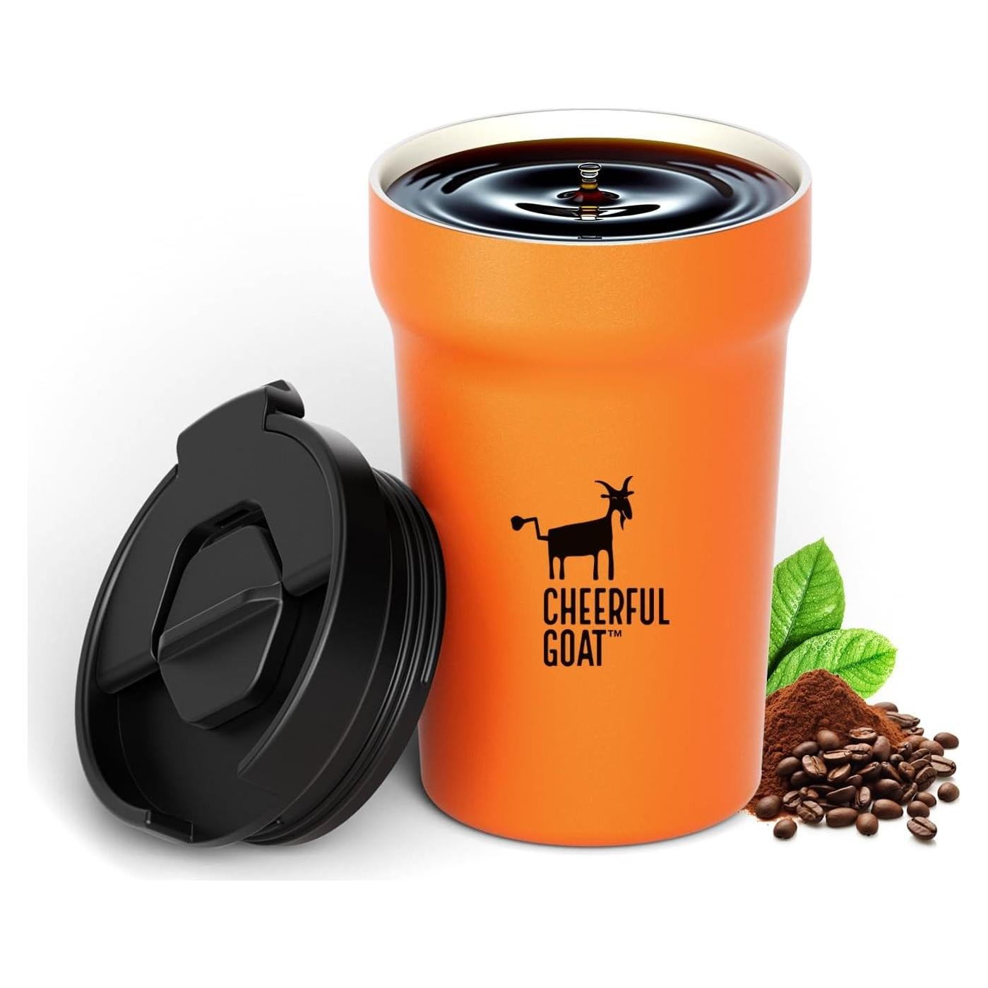 Taza de Café Aislada Cheerful Goat 350ml Naranja con Tapa Antiderrames