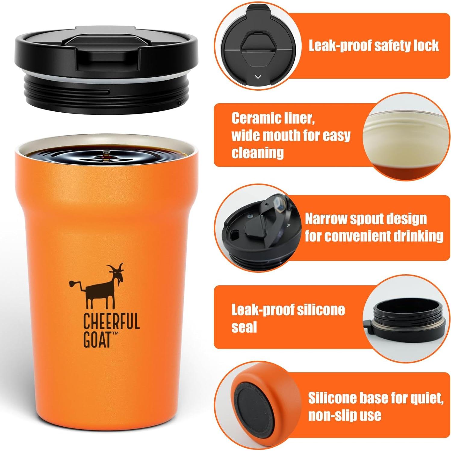 Taza de Café Aislada Cheerful Goat 350ml Naranja con Tapa Antiderrames
