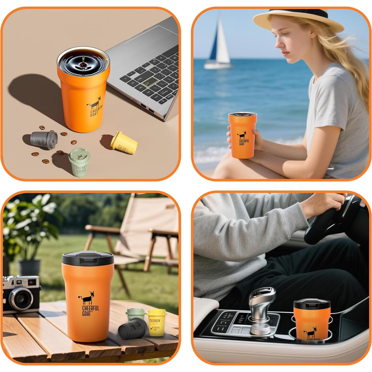 Taza de Café Aislada Cheerful Goat 350ml Naranja con Tapa Antiderrames