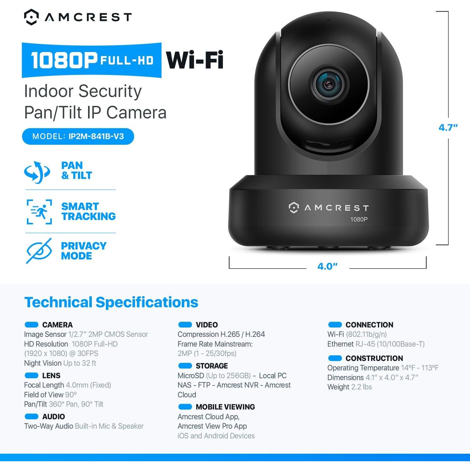 Cámara de Seguridad IP Inalámbrica Amcrest 1080P Pan/Tilt Negro