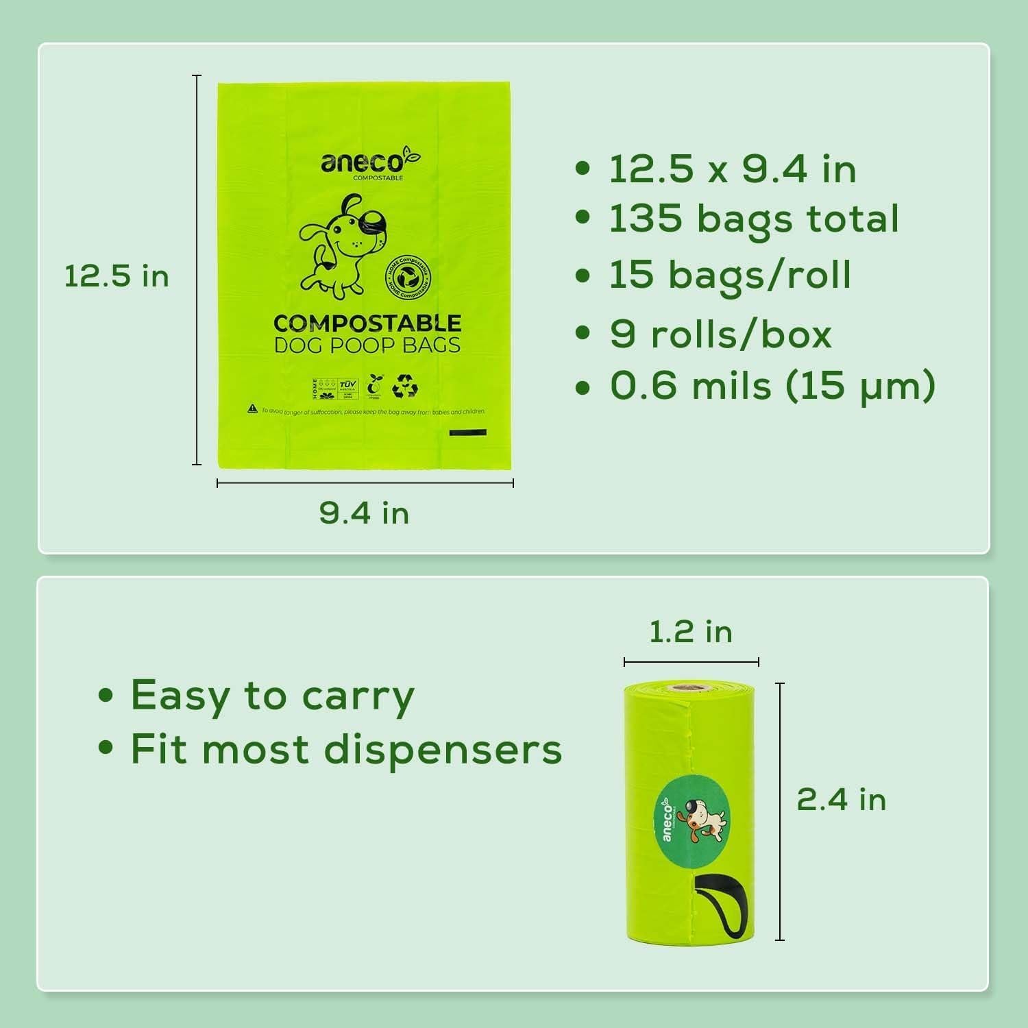 Bolsas Compostables ANECO para Excrementos de Perro - 135 Unidades