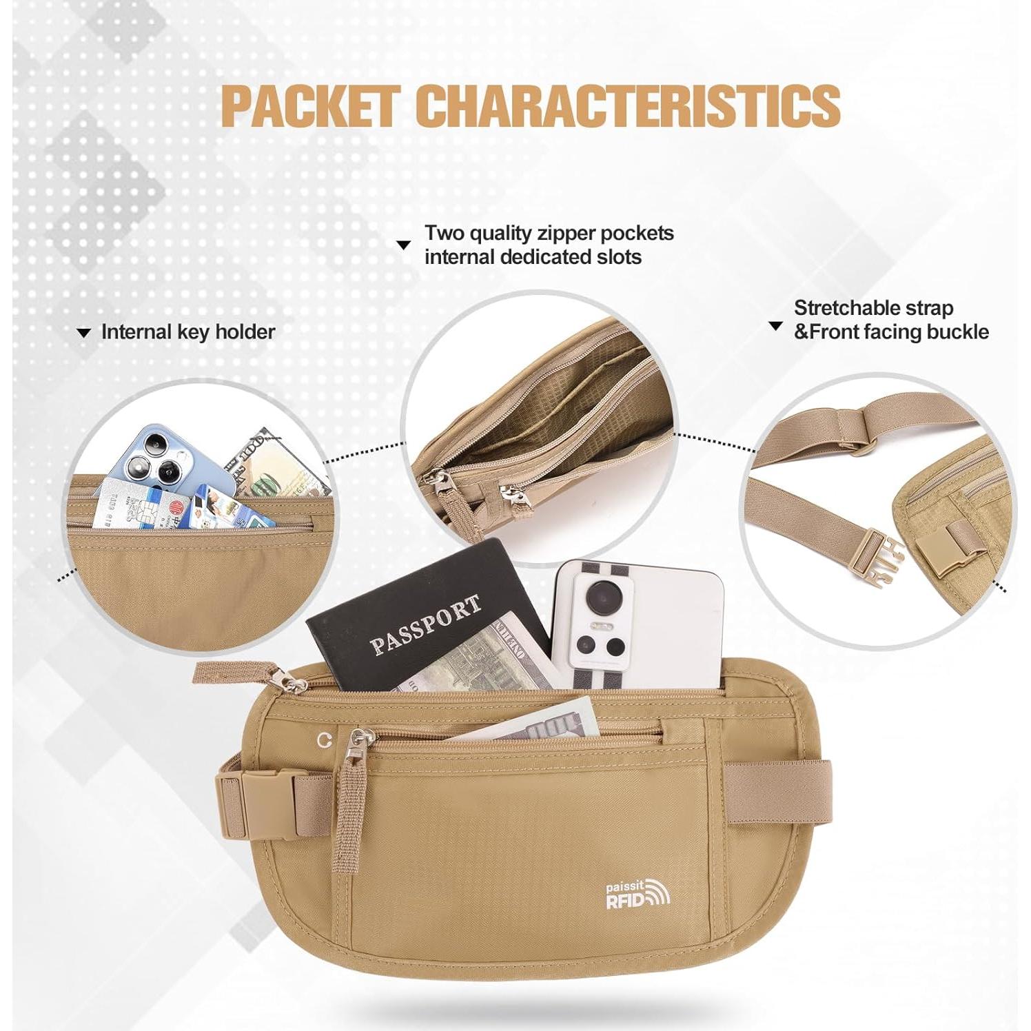 Cinturón de Dinero Unisex Paissit Beige con Bloqueo RFID