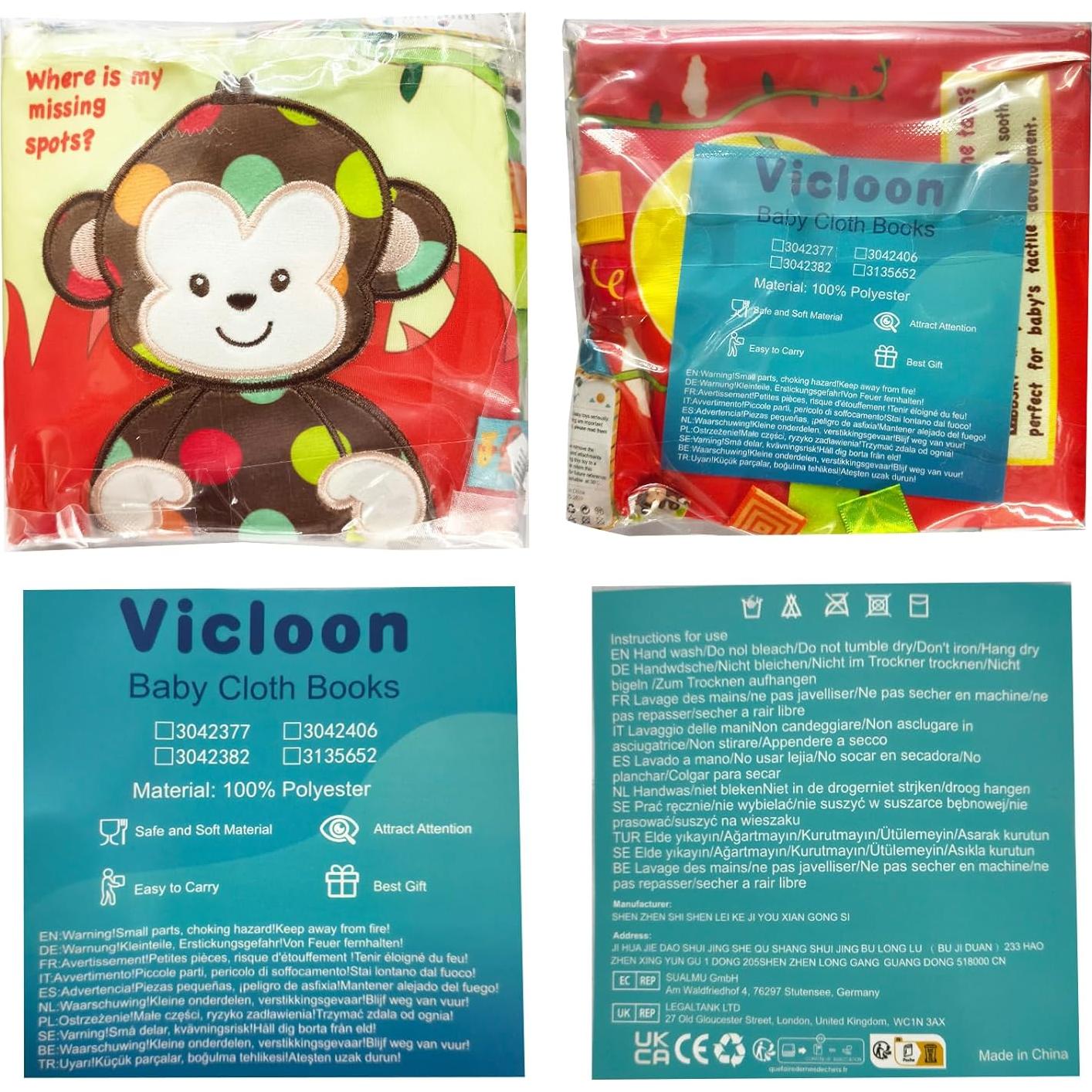 Libro Suave para Bebés Vicloon Mono Colorido 0-3 Años