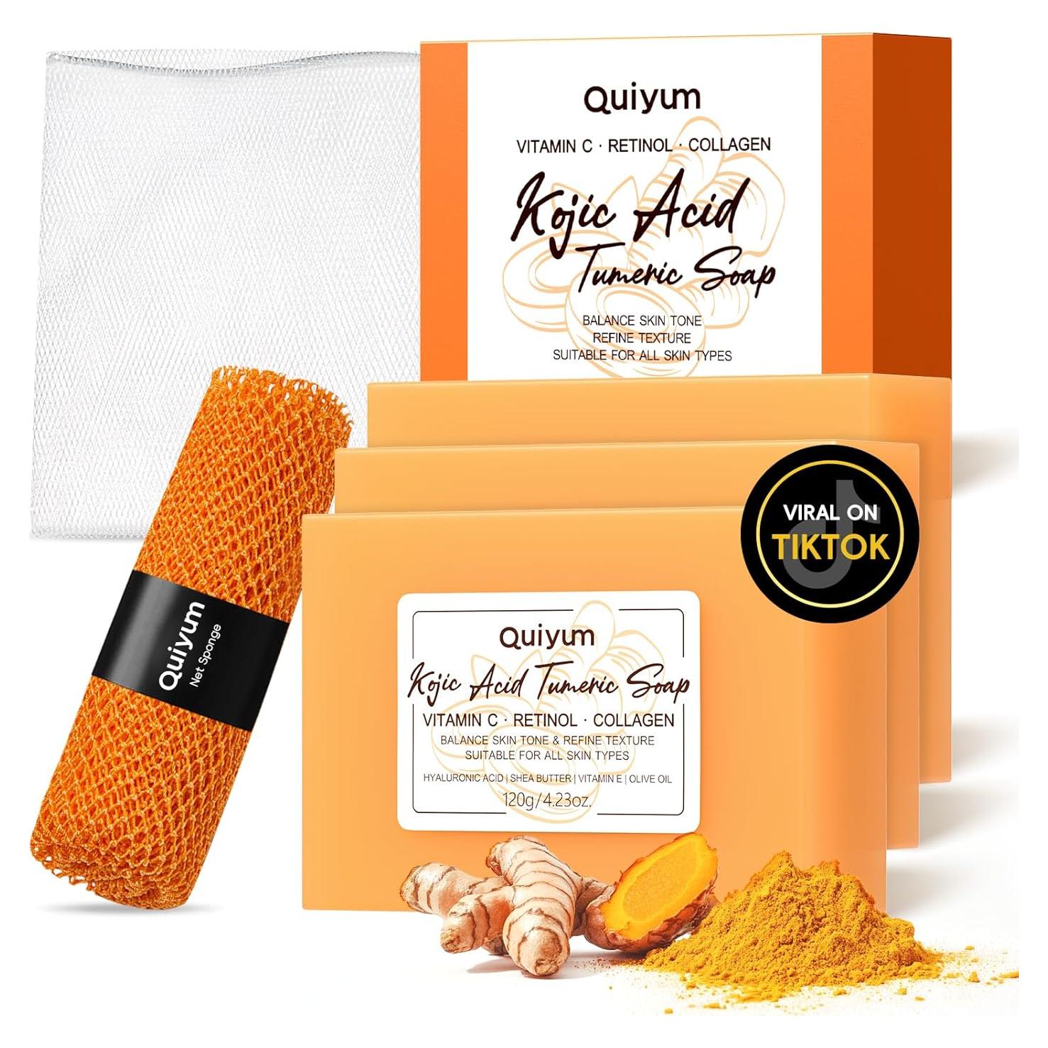 Jabón de Ácido Kójico y Cúrcuma QUIYUM - 3 Unidades + Esponja
