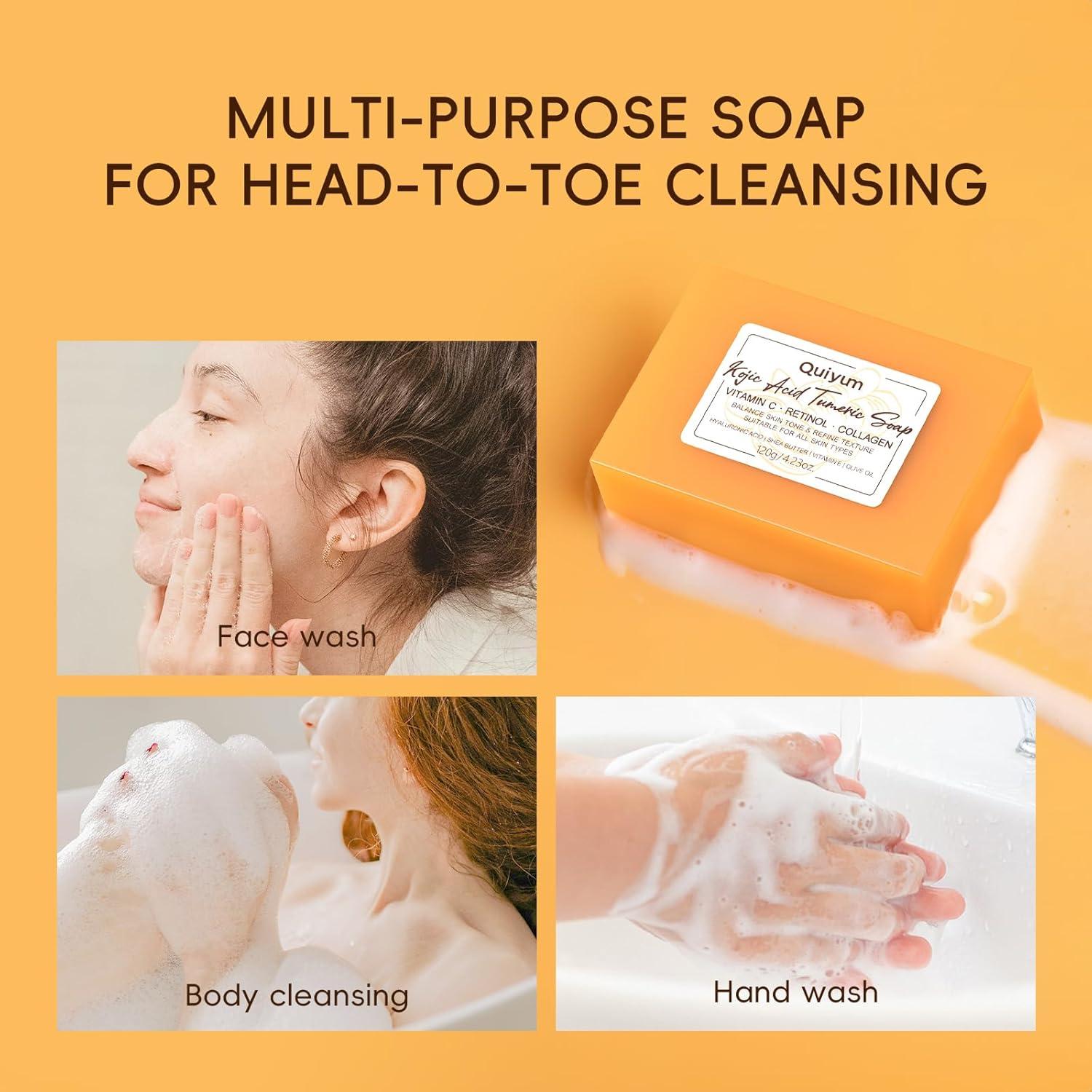 Jabón de Ácido Kójico y Cúrcuma QUIYUM - 3 Unidades + Esponja