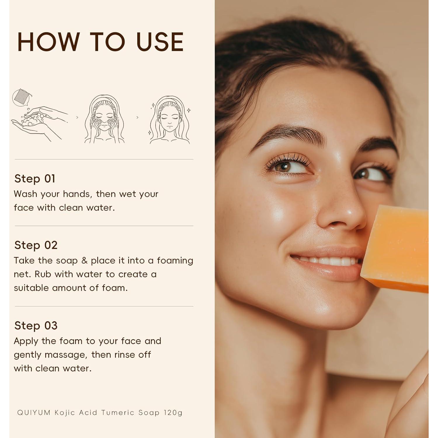 Jabón de Ácido Kójico y Cúrcuma QUIYUM - 3 Unidades + Esponja