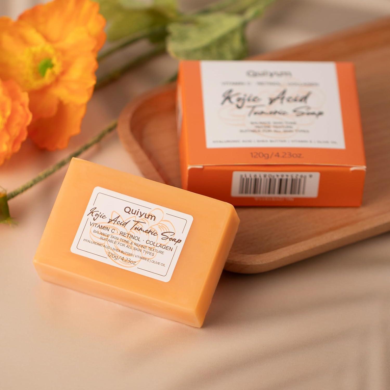 Jabón de Ácido Kójico y Cúrcuma QUIYUM - 3 Unidades + Esponja