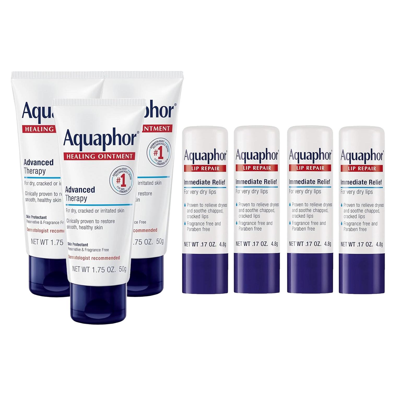 Set Cuidado Piel Aquaphor: Ungüento Sanador 3x49.6g + 4 Balsamos Labiales 4.8g