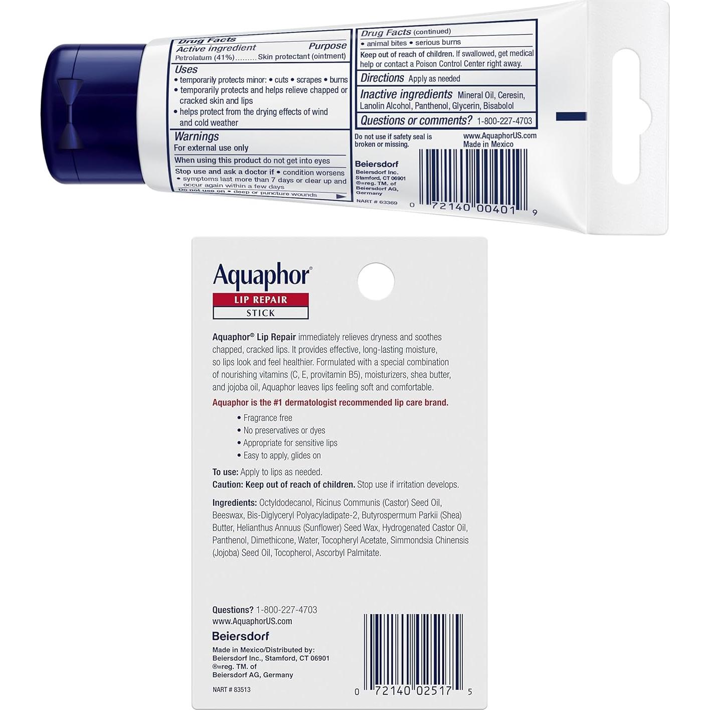 Set Cuidado Piel Aquaphor: Ungüento Sanador 3x49.6g + 4 Balsamos Labiales 4.8g