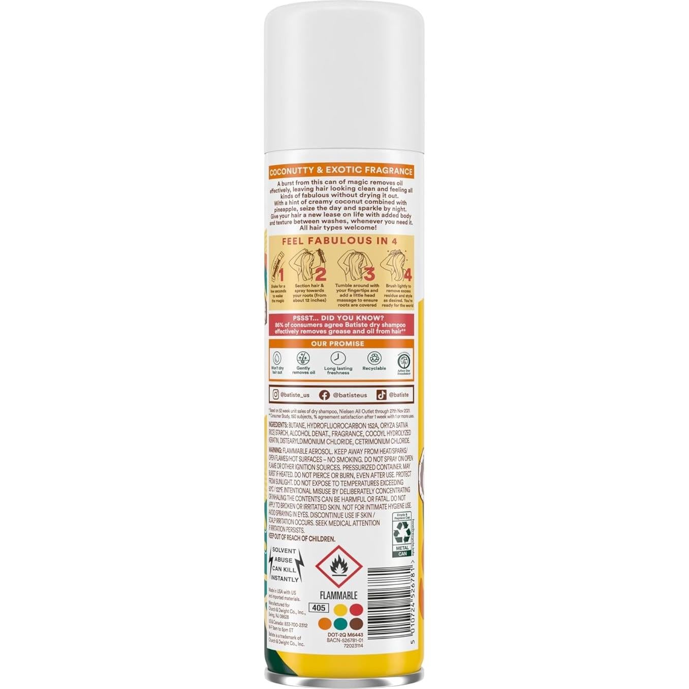 Champú Seco Tropical Batiste 162 g - Sin Agua, Refresca y Da Volumen