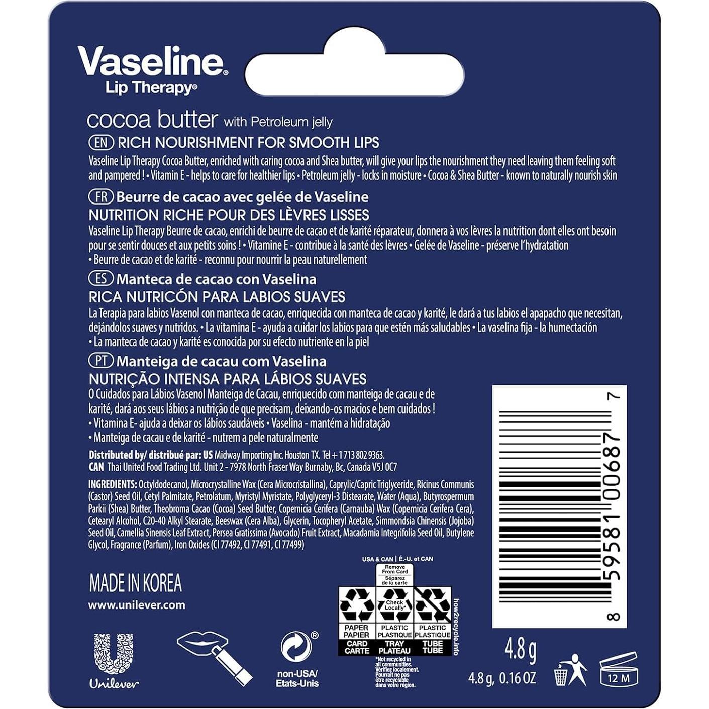 Bálsamo Labial Vaseline Manteca de Cacao 6x4.5g Hidratante