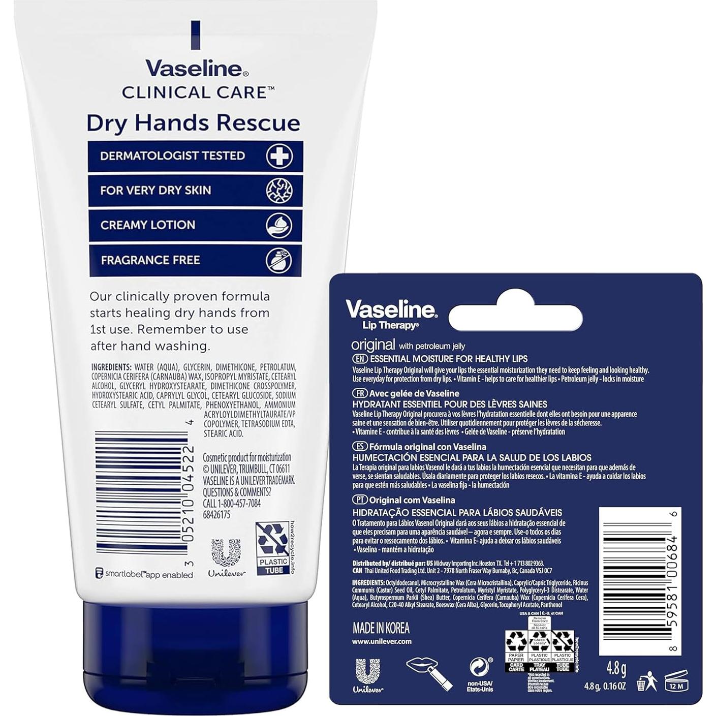 Crema de Manos Vaseline Rescate 145g x2 + Terapia Labial 4.5g